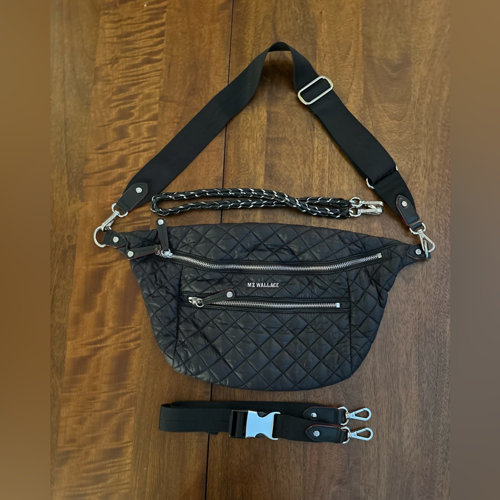 MZ Wallace Black Quilted Crosby Crossbody Sling Bag with Silver Hardware